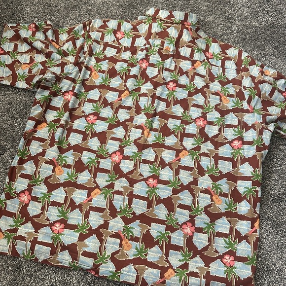 Vtg Reyn Spooner Hawaiian Shirt Mens Large Brown Palm Tree Hut Guitar Hibiscus - Picture 13 of 14